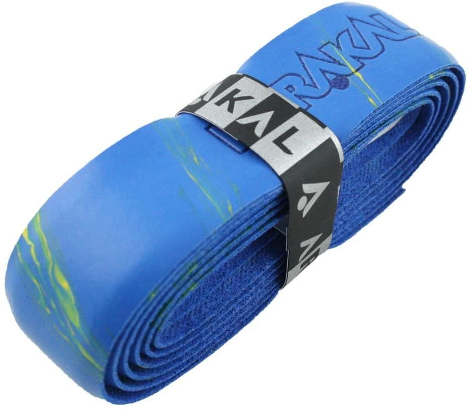 The Karakal PU Badminton Super Grip Marble Effect Single in blue/yellow, secured with a black and white branded band, is ideal for all racket sports.
