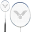 A close-up of the Victor Auraspeed 9A Badminton Racket - White, ideal for beginner or intermediate players, highlights its white frame with black strings and a unique black pattern at the center. The textured black handle is presented from two distinct angles.
