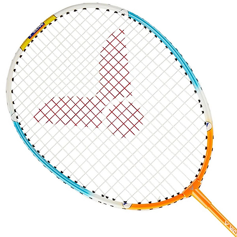 Introducing the Victor Training Junior Badminton Racket - Orange Blue, a short-shafted racket by Victor, showcasing a stylish blue and orange frame with a drop-shaped head and featuring a striking red logo pattern on its white Lawntex strings.