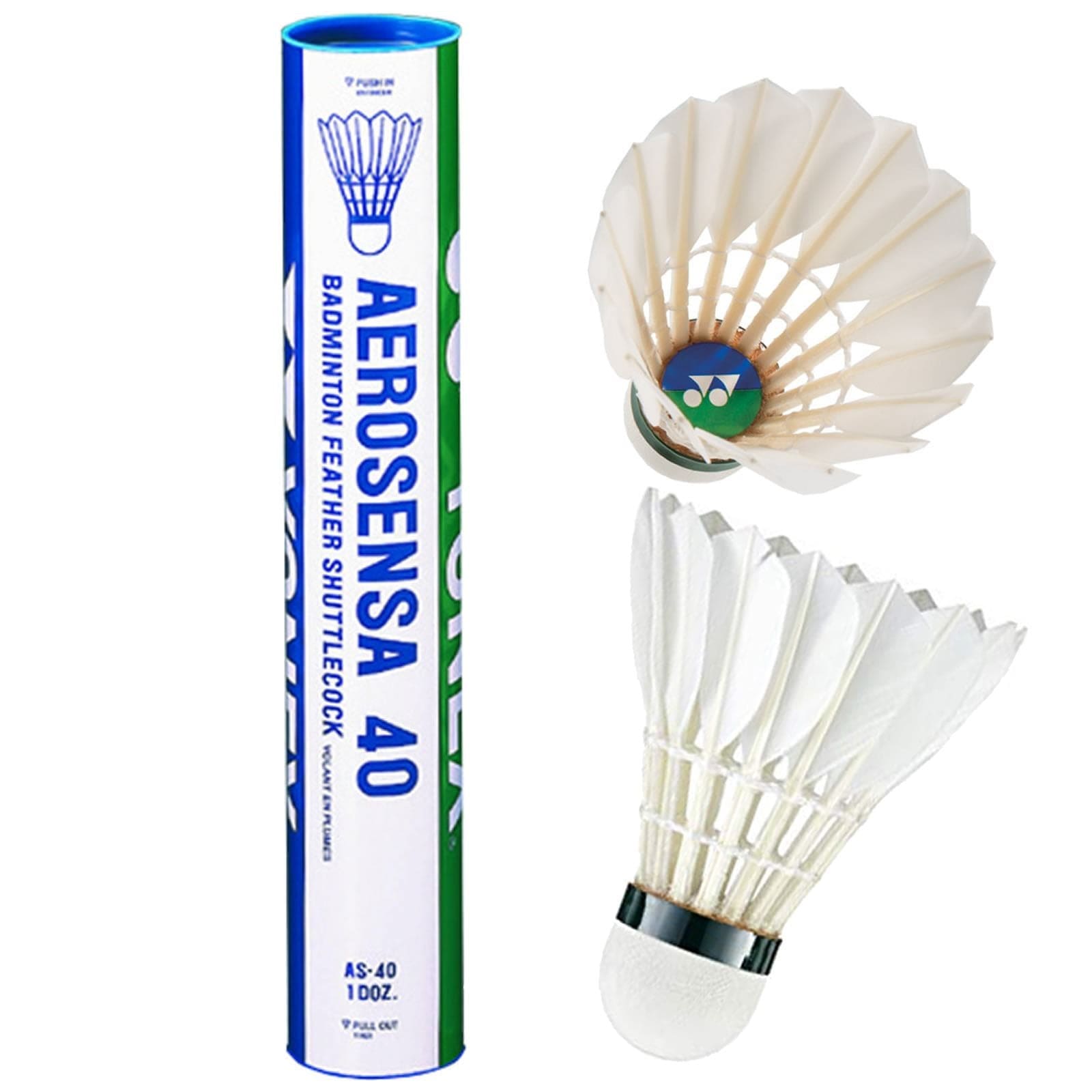 A tube containing Yonex Aerosensa AS40 badminton feather shuttlecocks is displayed alongside two shuttlecocks. One shuttlecock remains inside the tube, which features a blue and green label, while the other is shown separately, emphasizing its pristine white goose feathers.