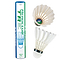 Image of a Yonex Aero Club TR shuttlecock tube with a shuttlecock beside it. The blue, green, and white tube reads "AEROCLUB TR" and "ACB-TR 1 DOZ." The shuttlecock boasts a cork base with duck feathered tips, promising high performance on the court.