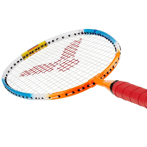 A detailed view of the Victor Starter Junior Badminton Racket by Victor showcases its teardrop-shaped head with a vibrant multicolored frame. The durable Lawntex strings, in red, match the vividly colored red grip, while the frame beautifully fades between blue, orange, and white hues.