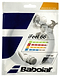 The packaging of the Babolat iFeel 66 Badminton 10m String Set in Black showcases abstract graphics and icons, along with images of people playing badminton. These premium strings, produced by Babolat, have a thickness of 0.66 mm and are crafted to elevate your game with precision and style.