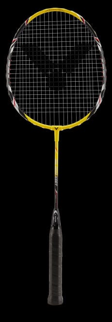 The Victor AL-2200 Kiddy Junior Badminton Racket from the brand Victor showcases a yellow shaft with a black grip and head. It's ideal for beginners and is presented against an elegant black background to emphasize its design.