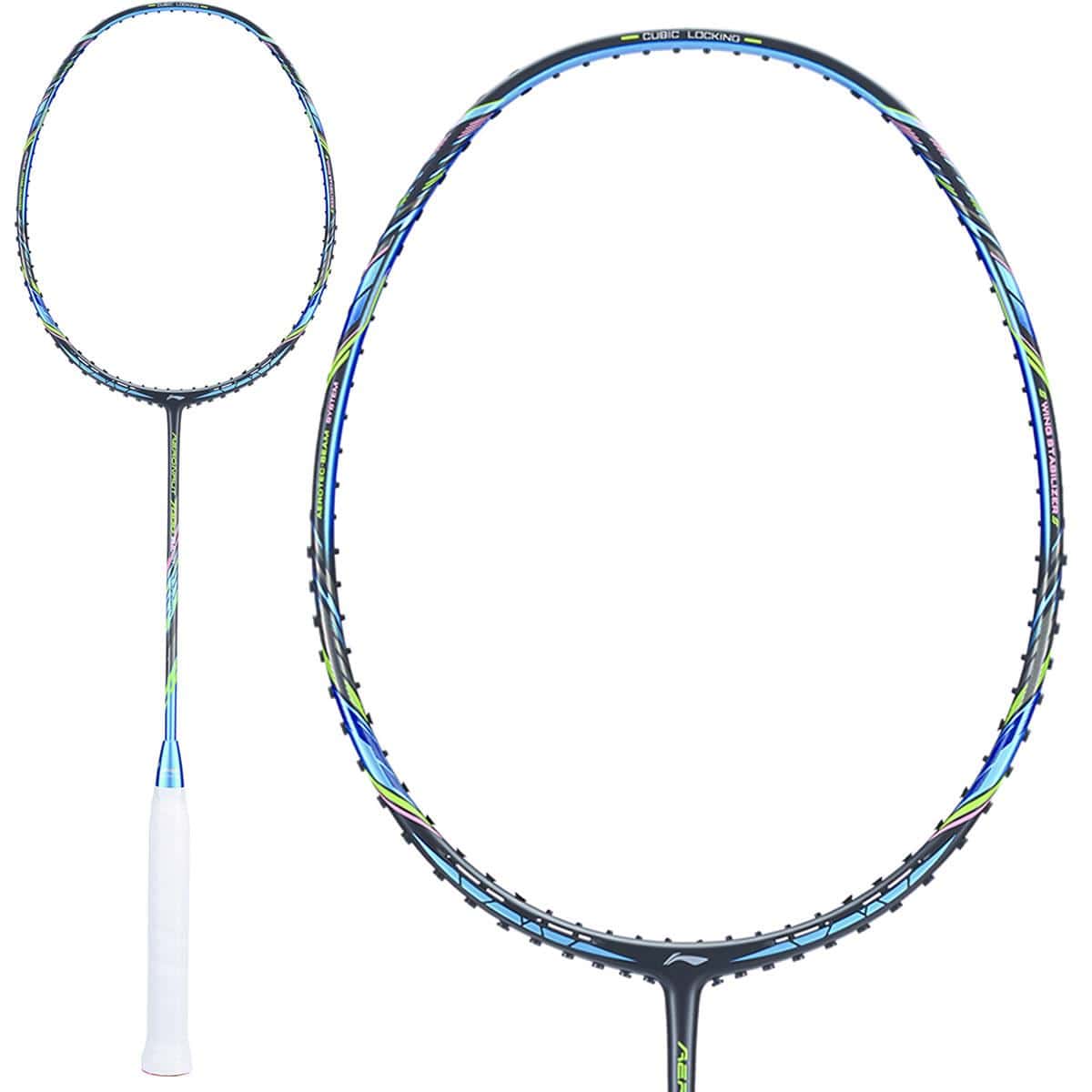 The Li-Ning Aeronaut 7000 Boost badminton racket, in a striking black and blue color scheme, features a sleek design complemented by a white grip. It's ideal for players who prioritize precision and control, with hidden strings that enhance its overall aesthetic appeal.
