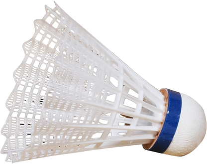 Close-up of a Victor 500 Nylon Badminton Shuttlecock in white with a medium blue band, ideal for training. Set against a black background, it highlights its intricate netting and robust, rubber-like base.
