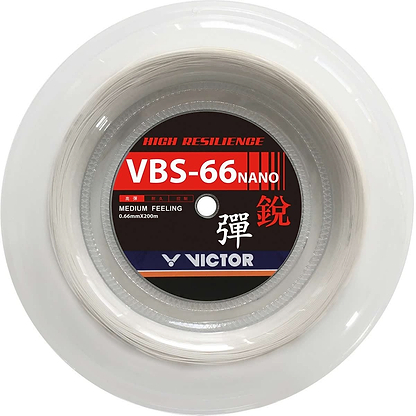 The Victor VBS 66N Nano Badminton String Reel, measuring 0.66mm x 200m, is a white spool offering high resilience and string control with a medium feeling. This product incorporates nano-technology and nylon multifilament, with a label that showcases bold red and black text.