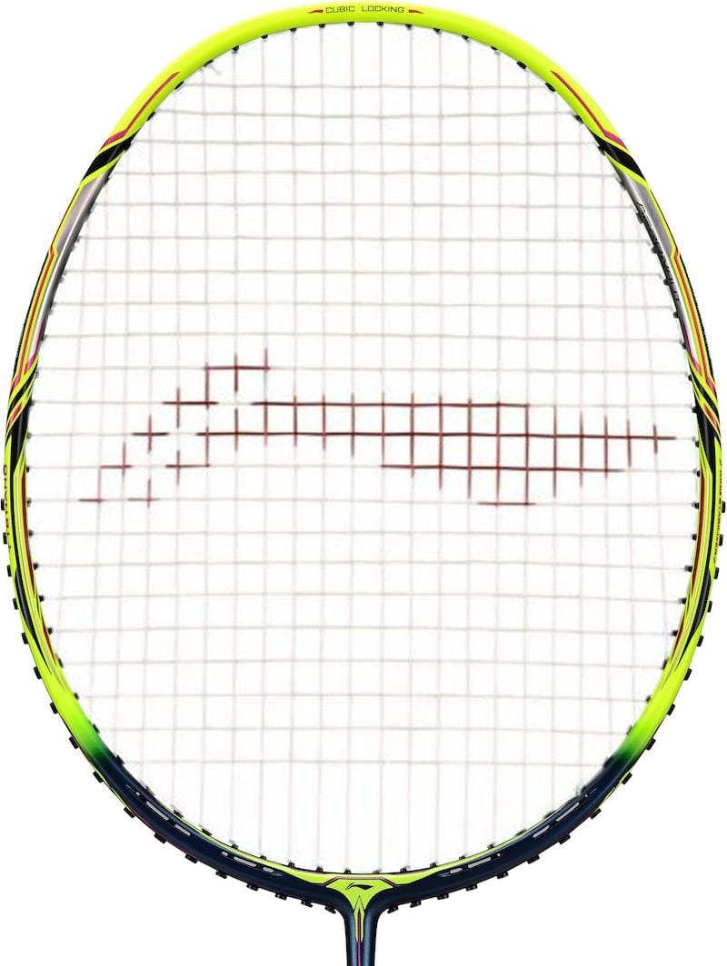 Close-up image of the Li-Ning Aeronaut 9000 Drive Badminton Racket, featuring a yellow and black frame with red strings. The slightly oval, aerodynamic design enhances precision and control, while the strings maintain a simple pattern.