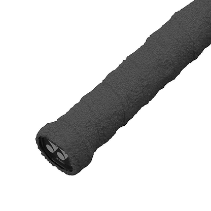 The Yonex AC402EX Badminton Towel Grip in black features a textured handle grip with a towel-like texture for better absorbency. Its end cap is subtly designed with two circles and lines, resembling a bike or scooter handle. Made of 100% cotton, this grip by Yonex provides enhanced comfort and stability.