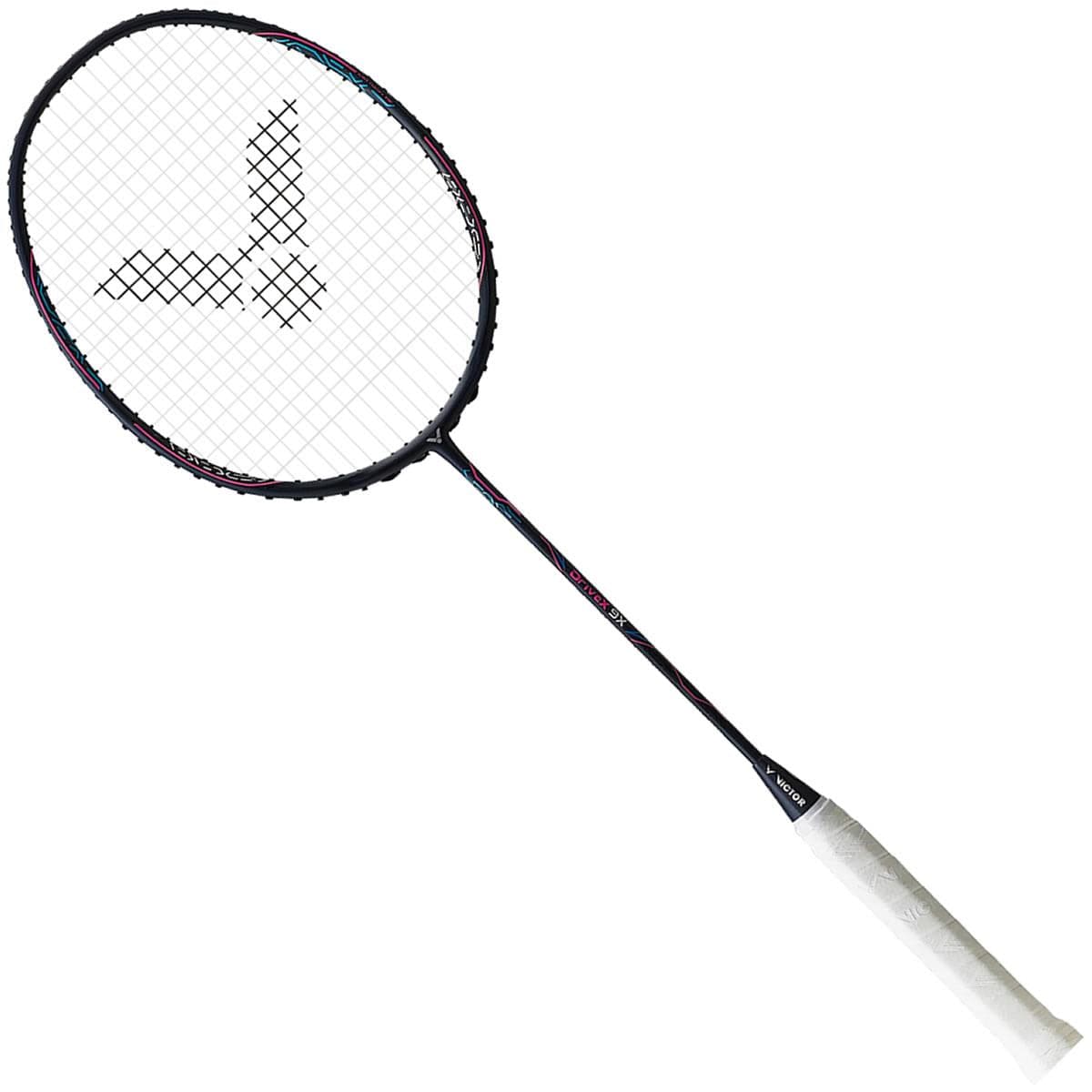 The Victor Drive X 9X Badminton Racket - Sapphire, ideal for advanced players, features a white handle and a dark frame with a distinctive logo on the string bed.