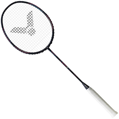 The Victor Drive X 9X Badminton Racket - Sapphire, ideal for advanced players, features a white handle and a dark frame with a distinctive logo on the string bed.