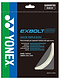 The Yonex Exbolt 63 Badminton String White packaging displays a striking combination of blue, green, and black colors, with bold text highlighting its "quick repulsion." This thin gauge badminton string has a diameter of 0.63 mm and is available in a 10 m pack. It prominently features the Yonex logo along with a "Made in Japan" label.