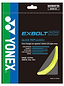 The image showcases a Yonex Exbolt 63 Badminton String pack in yellow, highlighting "Quick Repulsion" technology. It features FORGED FIBER for improved agility and comes with specifications of a 0.63 mm gauge and 10 m length, set against a dark background adorned with green and blue accents, proudly made in Japan.