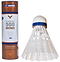 The package labeled "Victor 500 Nylon Badminton Shuttlecocks - White Medium - Set of 6" features a white shuttlecock with a blue band. The packaging displays the Victor brand and product information, highlighting that it includes six durable nylon shuttlecocks suitable for training sessions.