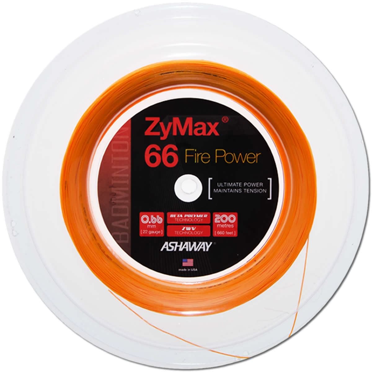 Close-up of a high-performance badminton string spool on a white background. The label reads "Ashaway ZyMax 66 Fire Power," featuring "Ultimate Power Maintains Tension," with a 0.66 mm gauge and an impressive 200 meters (660 feet) of durable playability.