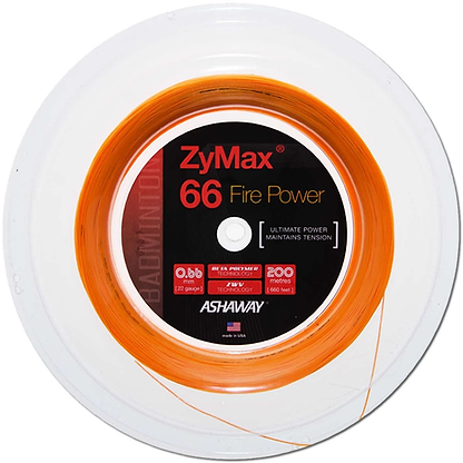 Close-up of a high-performance badminton string spool on a white background. The label reads "Ashaway ZyMax 66 Fire Power," featuring "Ultimate Power Maintains Tension," with a 0.66 mm gauge and an impressive 200 meters (660 feet) of durable playability.
