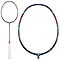 Close-up image of the Li-Ning Aeronaut 9000 Combat Badminton Racket showcasing its red and teal design on the aerodynamic frame. The handle, wrapped in white grip tape, enhances precision and control, making it perfect for fast-paced play against a simple white background.