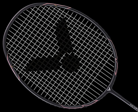 A Victor Thruster K1 H badminton racket, featuring a striking black and pink frame with white strings, is gracefully set against a black backdrop. The performance-enhancing strings form an intriguing crosshatch pattern that complements the racket's powerbox design.