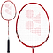 The Yonex B7000 MDM Badminton Racket in red, featuring a black handle, highlights a distinctive logo on its Mega-Frame strings.