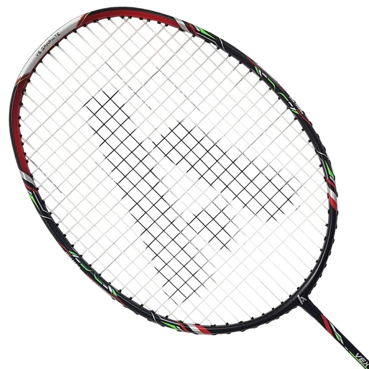 The Ashaway Vex Striker 100 Badminton Racket, crafted by Ashaway, showcases a contemporary design with its graphite frame in black, red, and green. It features an elegant white string pattern accompanied by angular lines, along with discreet branding elements that emphasize its sophisticated craftsmanship.