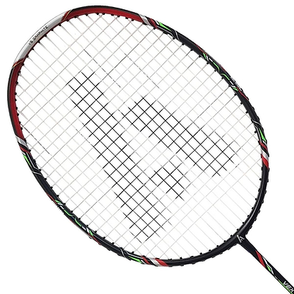 The Ashaway Vex Striker 100 Badminton Racket, crafted by Ashaway, showcases a contemporary design with its graphite frame in black, red, and green. It features an elegant white string pattern accompanied by angular lines, along with discreet branding elements that emphasize its sophisticated craftsmanship.