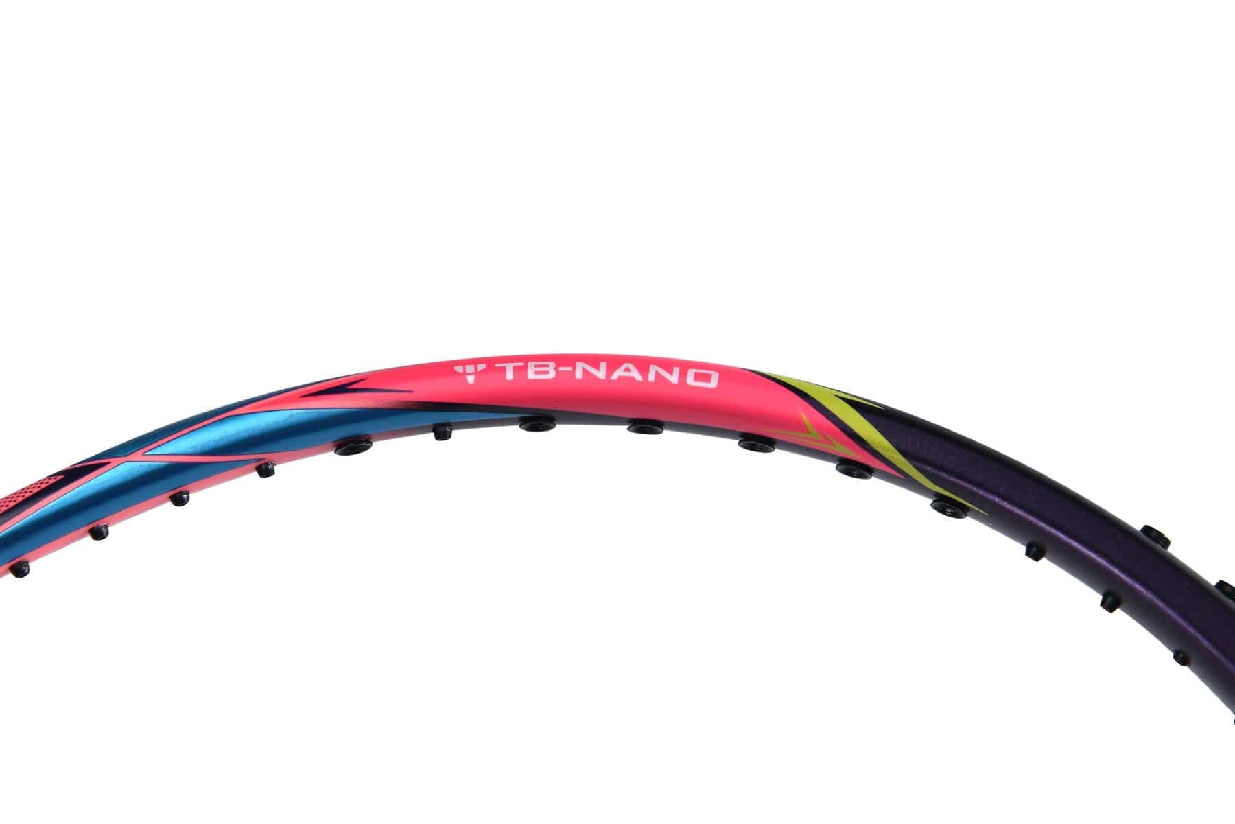 Close-up of a colorful Li-Ning Windstorm 74 badminton racket frame, prominently featuring the "TB-NANO" text that highlights its ultralight construction. The frame boasts vibrant colors of pink, blue, yellow, and black, though the strings are not visible.