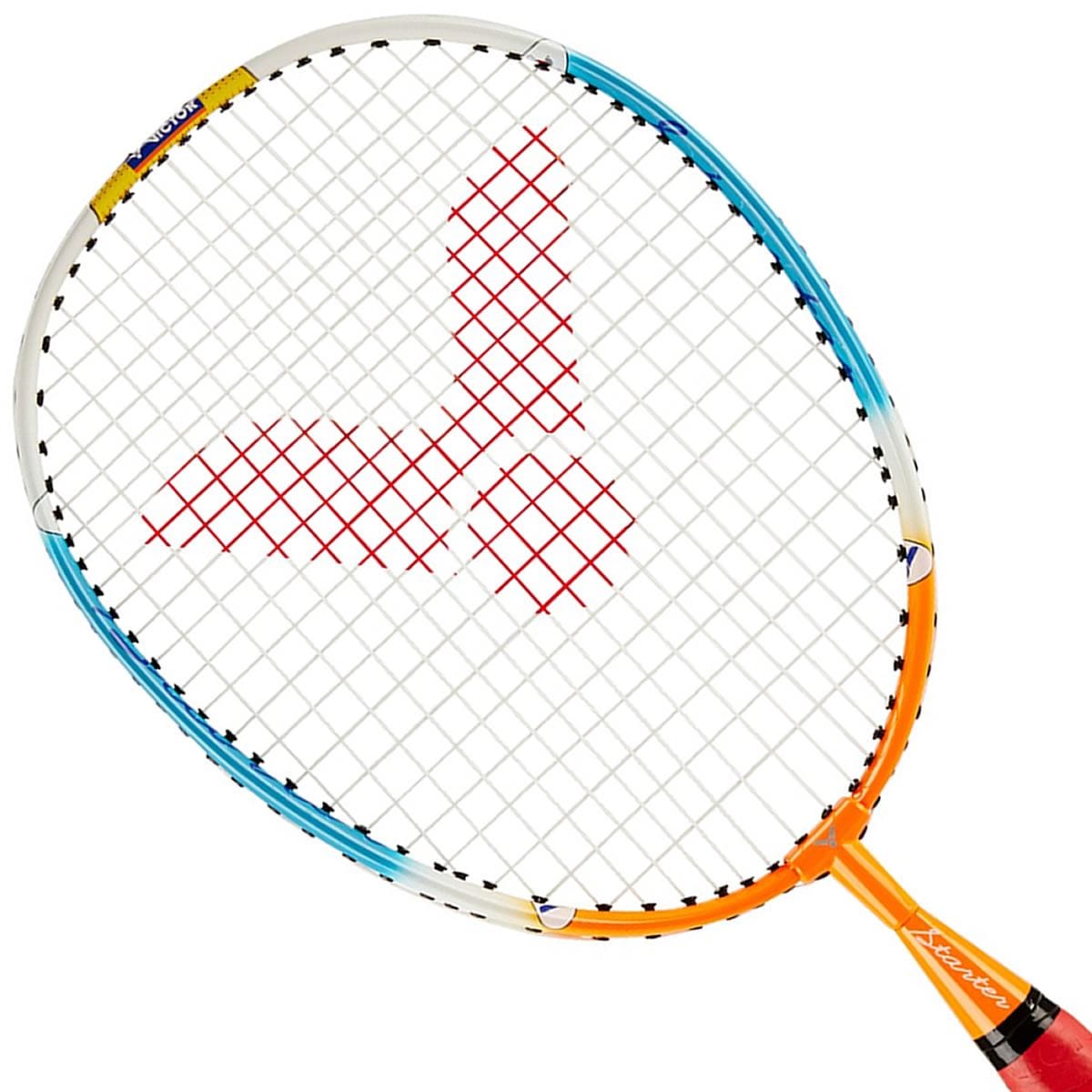 Presenting the **Victor Starter Junior Badminton Racket - Orange Blue** by **Victor**: This racket features a red logo on its sturdy lawntex stringing. Its frame showcases a vibrant blue and yellow top that transitions into orange near the handle. Designed with a drop-shaped head for precision play, the black handle is enhanced with eye-catching red and white accents.