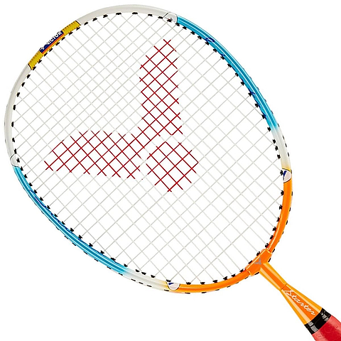 Presenting the **Victor Starter Junior Badminton Racket - Orange Blue** by **Victor**: This racket features a red logo on its sturdy lawntex stringing. Its frame showcases a vibrant blue and yellow top that transitions into orange near the handle. Designed with a drop-shaped head for precision play, the black handle is enhanced with eye-catching red and white accents.