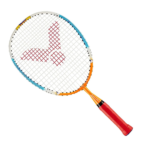 The Victor Starter Junior Badminton Racket by Victor features a red handle grip and a vibrant frame that is primarily white with blue and orange accents. Its drop-shaped head is expertly strung with durable lawntex stringing, showcasing a striking red pattern at the center.