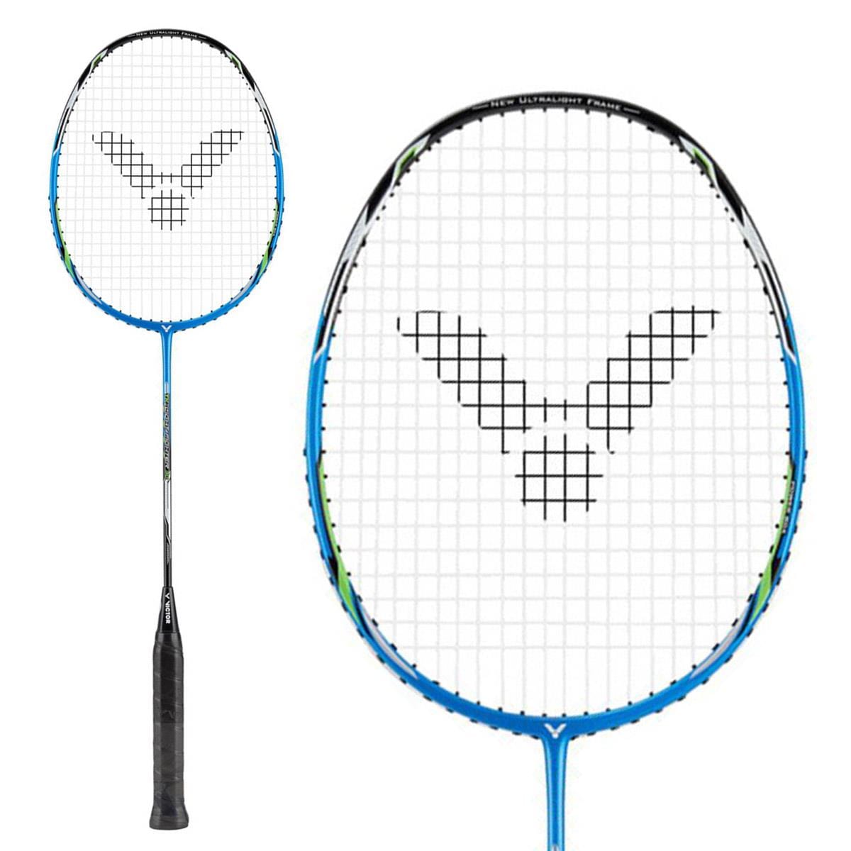 Close-up of the Victor Thruster Light Fighter 30 F Badminton Racket in blue, highlighting its unique logo on the strings. Demonstrated from side and front perspectives, it emphasizes its high modulus graphite build for a lightweight yet powerful design.