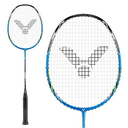 Close-up of the Victor Thruster Light Fighter 30 F Badminton Racket in blue, highlighting its unique logo on the strings. Demonstrated from side and front perspectives, it emphasizes its high modulus graphite build for a lightweight yet powerful design.