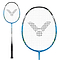 Close-up of the Victor Thruster Light Fighter 30 F Badminton Racket in blue, highlighting its unique logo on the strings. Demonstrated from side and front perspectives, it emphasizes its high modulus graphite build for a lightweight yet powerful design.