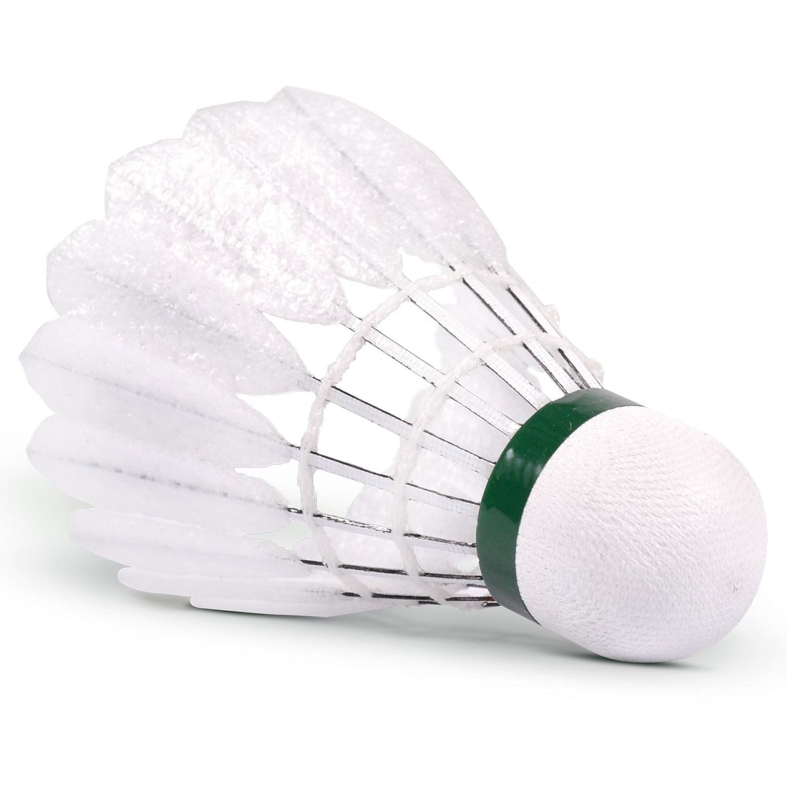 A white badminton shuttlecock from VICTOR, featuring a round, textured base and a skirt of overlapping feathers accented with a green band, is positioned on its side against a plain white background. This design mirrors the precision of the Carbonsonic CS No. 2 Hybrid Badminton Shuttles by Victor and suggests the use of durable carbon fibers in its core construction.