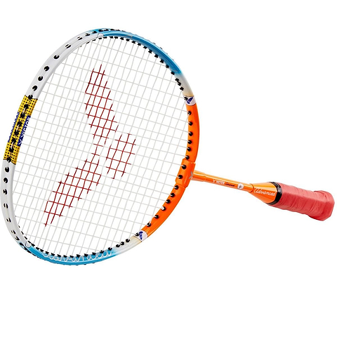 The Victor Advanced Junior Badminton Racket - Orange Blue, by Victor, features an attractive orange and blue frame with durable multifilament strings and a red grip. It has a unique logo on the strings for enhanced playability.