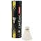 Next to a white synthetic badminton shuttlecock is a cylindrical tube labeled "Carlton T800 White Medium Badminton Nylon Shuttles / Shuttlecocks - Tube 6." The black tube, featuring yellow accents, is ideal for club use as it contains durable shuttlecocks designed for consistent play.