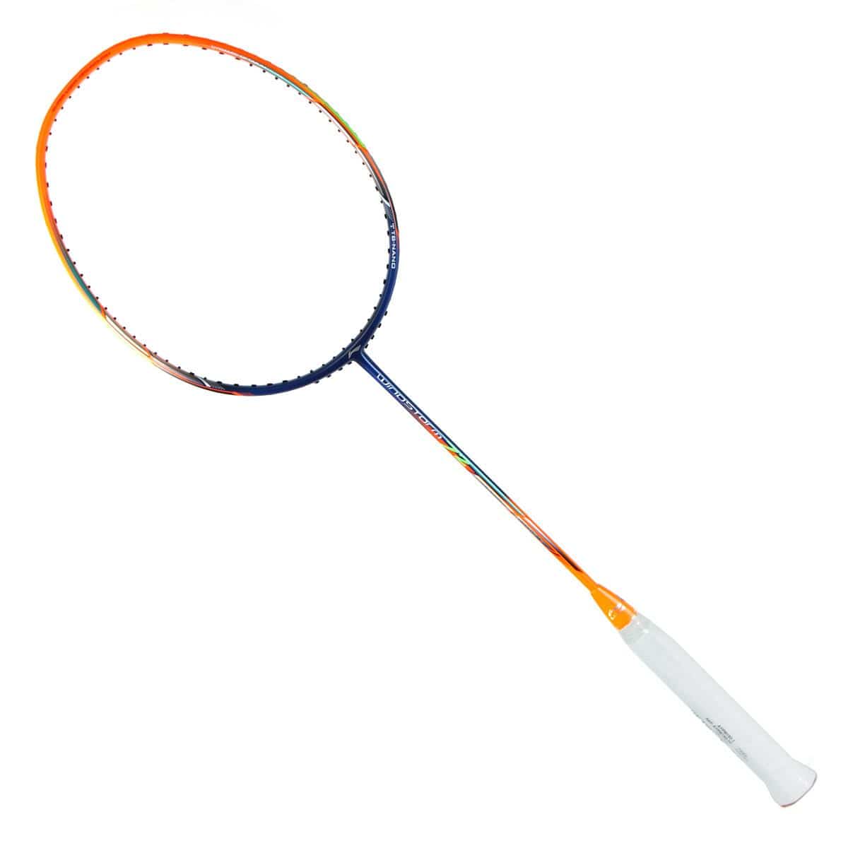 The Li-Ning Windstorm 72 6U Badminton Racket in orange boasts an ultra-lightweight design with a stylish orange and blue frame. It features tightly strung strings that create a perfectly oval head, and a head heavy balance for optimal performance. The white grip provides a striking contrast to the vibrant colors of the Li-Ning racket's frame.
