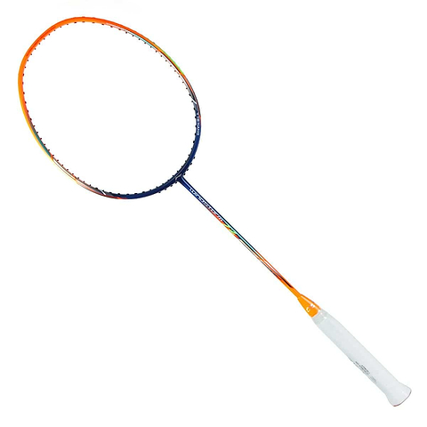 The Li-Ning Windstorm 72 6U Badminton Racket in orange boasts an ultra-lightweight design with a stylish orange and blue frame. It features tightly strung strings that create a perfectly oval head, and a head heavy balance for optimal performance. The white grip provides a striking contrast to the vibrant colors of the Li-Ning racket's frame.