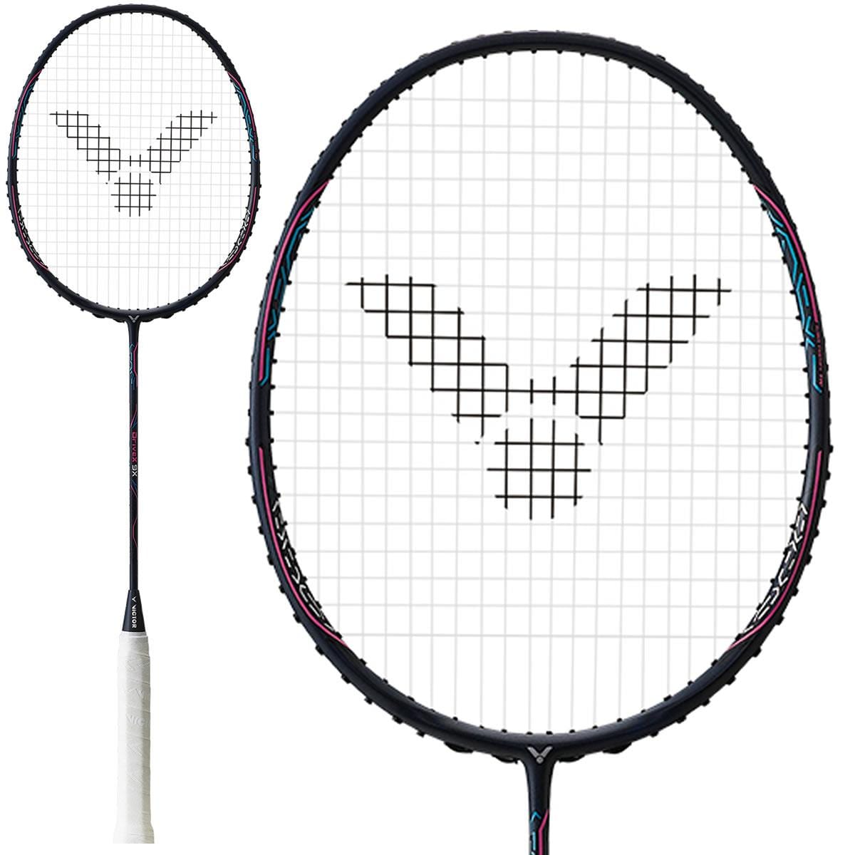 Close-up and full view of the Victor Drive X 9X Badminton Racket - Sapphire, ideal for advanced players. This racket features a white handle and black frame with a string pattern that showcases a distinctive logo-like design.