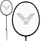 Close-up and full view of the Victor Drive X 9X Badminton Racket - Sapphire, ideal for advanced players. This racket features a white handle and black frame with a string pattern that showcases a distinctive logo-like design.