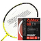 Yellow badminton racket head with black strings, paired with a pack of Ashaway Zymax 68 TX Badminton String White, which employs advanced ZyWeave string technology. The black string pack displays red and white text, highlighting a gauge of 0.68 mm and a length of 10 meters.