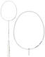 This Li-Ning Windstorm 79S Badminton Racket in white features a slim frame and grip, crafted for a head heavy balance. The image presents both the full view and a close-up of the lightweight racket's head, with the brand name Li-Ning subtly displayed along the frame against a plain white background.