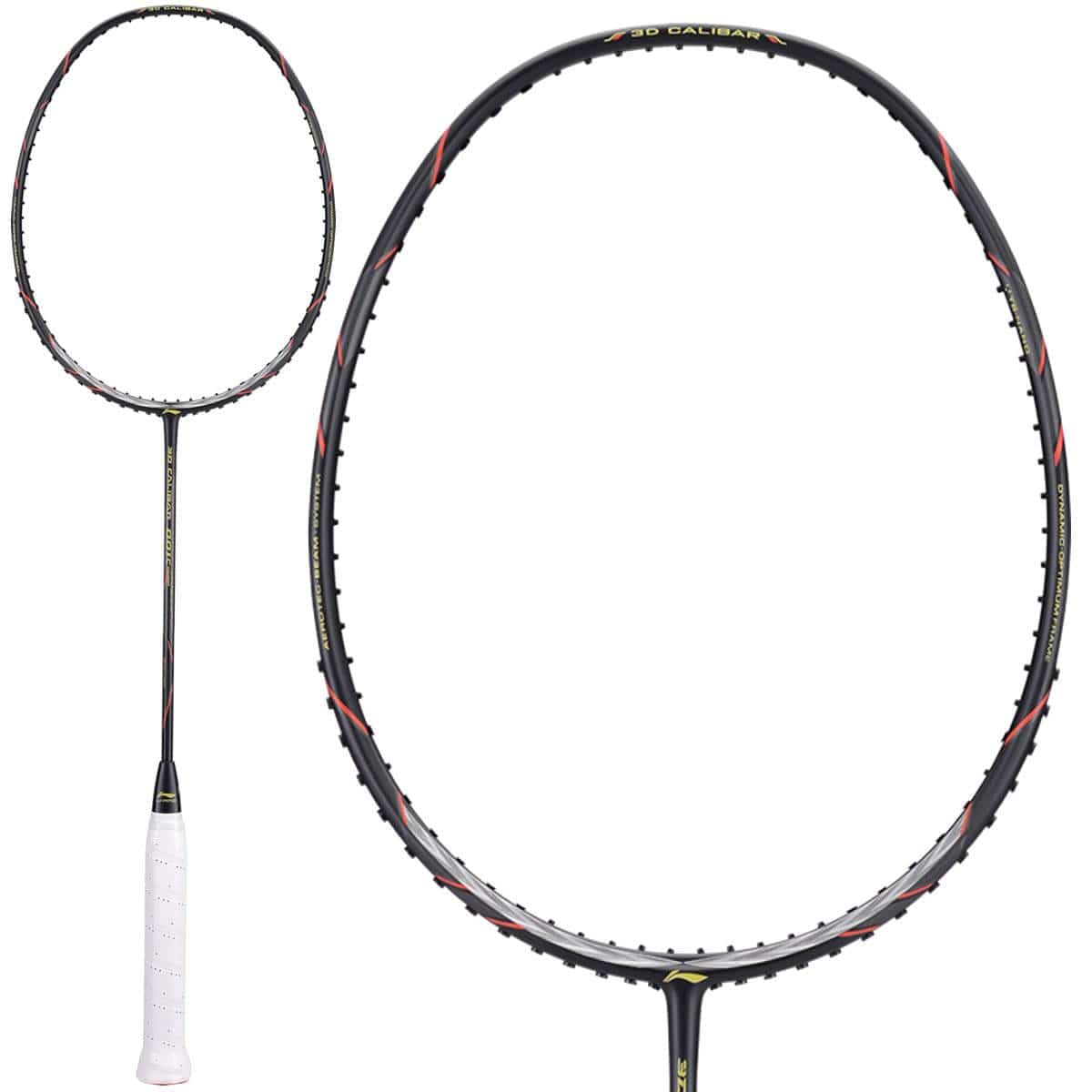 A close-up of the Li-Ning 3D Calibar 001 Combat Badminton Racket in black showcases a design with red and silver accents. The racket features a white grip, an oval-shaped head with visible string tension, and is enhanced by 3D Calibar Technology for superior performance.
