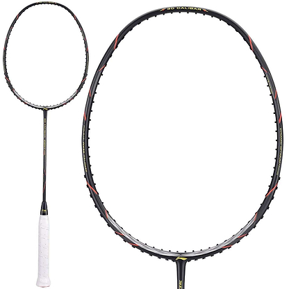 A close-up of the Li-Ning 3D Calibar 001 Combat Badminton Racket in black showcases a design with red and silver accents. The racket features a white grip, an oval-shaped head with visible string tension, and is enhanced by 3D Calibar Technology for superior performance.