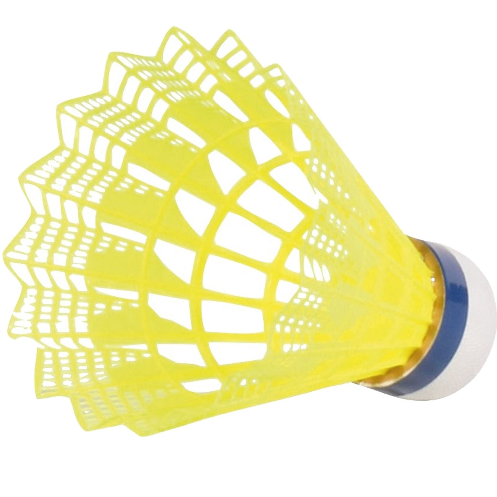 Here's a rewritten version of the sentence:

A close-up of the VICTOR 1000 Nylon Yellow Badminton Shuttlecocks by Victor reveals a detailed, lattice-like skirt and a white rounded base with a blue stripe. Its design ensures a steady flight curve, making it perfect for schools and training sessions.