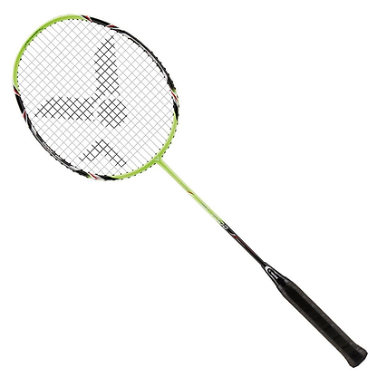 Introducing the Victor G-7000 Badminton Racket by Victor, a beginner's racket crafted entirely from carbon in vibrant green and black. This racket showcases a beautifully designed mesh string head with Ashaway Rally 21 Fire strings, complemented by a comfortable black grip handle, all displayed against a white background.
