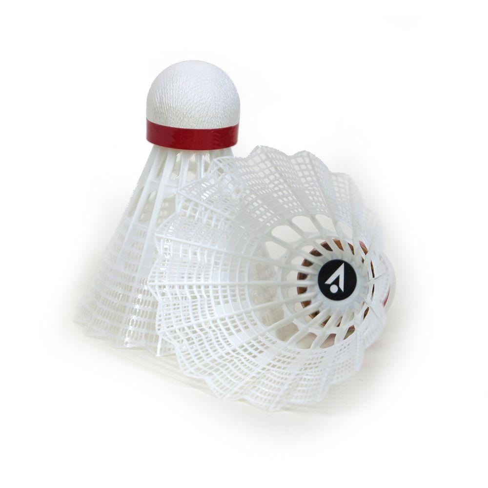 A set of two Karakal National Natural Nylon Shuttlecocks in white, ideal for training and casual play. One shuttlecock is displayed upright while the other rests on its side, both showcasing a red band near the top and a black Karakal logo on their natural cork base.