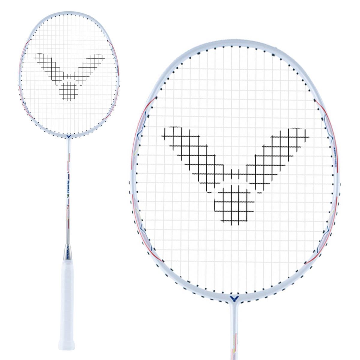 The Victor Drive X 1L A Badminton Racket - Floral White, designed by the brand Victor for intermediate players, boasts a white frame with uniquely arranged strings. It showcases delicate blue and red accents on the frame and is wrapped in white tape on the grip to enhance comfort and control.