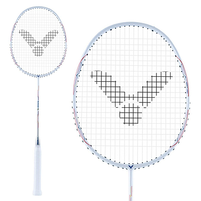 The Victor Drive X 1L A Badminton Racket - Floral White, designed by the brand Victor for intermediate players, boasts a white frame with uniquely arranged strings. It showcases delicate blue and red accents on the frame and is wrapped in white tape on the grip to enhance comfort and control.