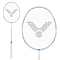The Victor Drive X 1L A Badminton Racket - Floral White, designed by the brand Victor for intermediate players, boasts a white frame with uniquely arranged strings. It showcases delicate blue and red accents on the frame and is wrapped in white tape on the grip to enhance comfort and control.