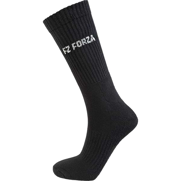 Each sock in the FZ Forza Comfort Long Black Badminton Socks - 3 Pack is designed for athletic use with ribbed detailing and features the "FZ FORZA" text in white near the top. These socks offer cushioning and support, ensuring optimal comfort on the court.
